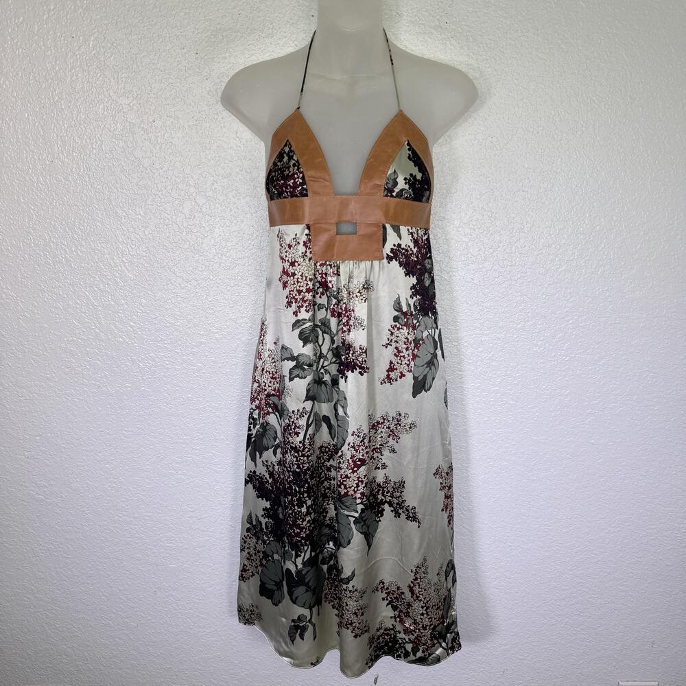 Ingwa Melero Dress Womens Small Floral Silk Leather Halter Midi Sundress Y2K Vtg